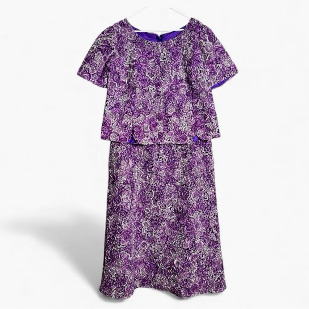 Vintage Handmade Purple Textured 2 Piece Skirt Set Floral Rosette Artwear T7